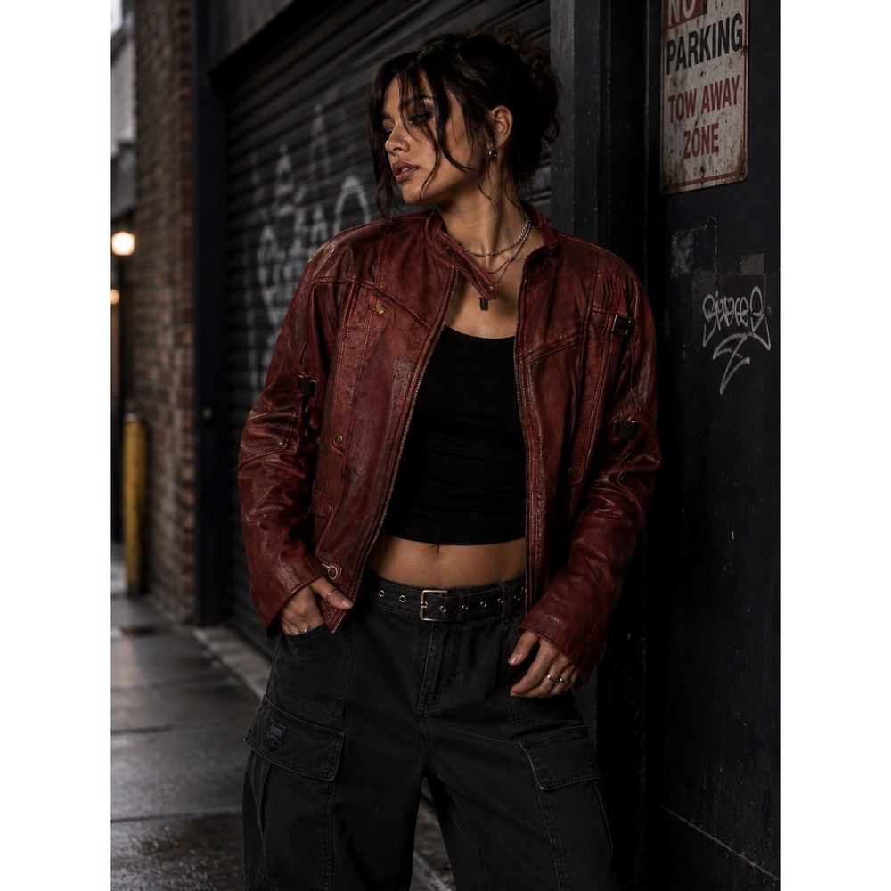 Vintage Red Leather Moto Racer Utility Jacket‎ Distressed Grunge Streetwear Sz L